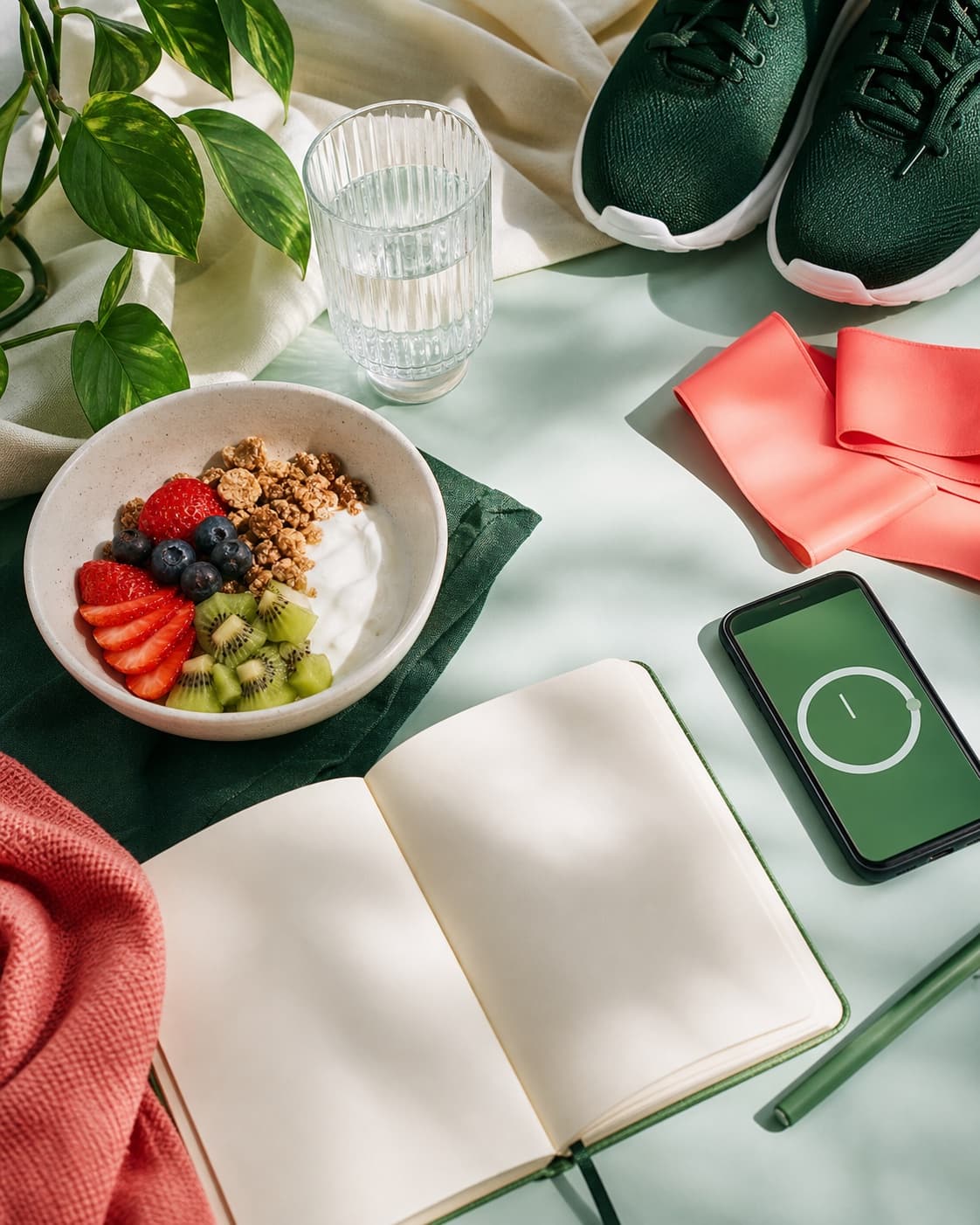 Breakfast, reflection journal and movement tools for an everyday wellbeing rhythm
